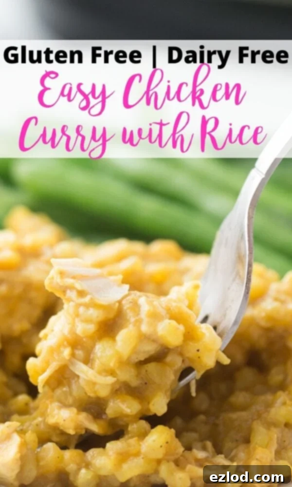 A Pinterest-optimized image featuring delicious Easy Chicken Curry with Rice, overlaid with text for sharing on social media, highlighting its simplicity and flavor.