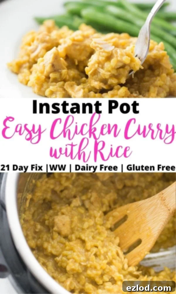 A Pinterest-ready image for Instant Pot Easy Chicken Curry with Rice, featuring appetizing food photography and text overlay to entice readers.