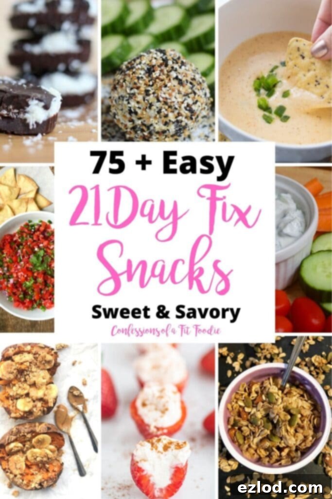 Grid food photo collage with the text overlay, 75+ Easy 21 Day Fix Snacks | Sweet & Savory | Confessions of a Fit Foodie
