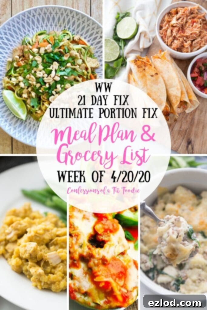 Food photo collage showcasing various healthy and delicious meals, with text overlay: WW | 21 Day Fix | Ultimate Portion Fix | Weekly Meal Plan & Grocery List. Perfect for anyone looking for structured meal prep and clean eating.
