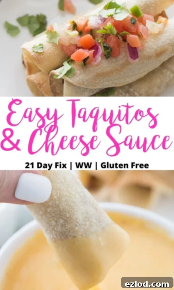Two food photo collage with text overlay on white background- Easy Taquitos & Cheese Sauce | 21 Day Fix | WW | Gluten Free; Top photo- Taquitos stacked and topped with homemade pico; Bottom Photo- Woman's hand holding a taquito dipped in homemade cheese sauce.