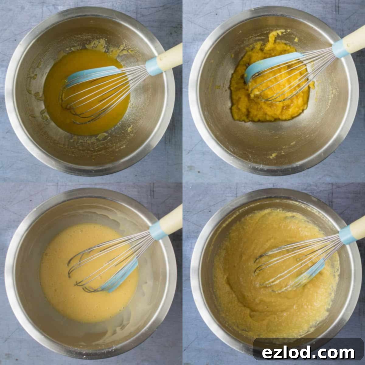 A four image collage of making the frangipane.