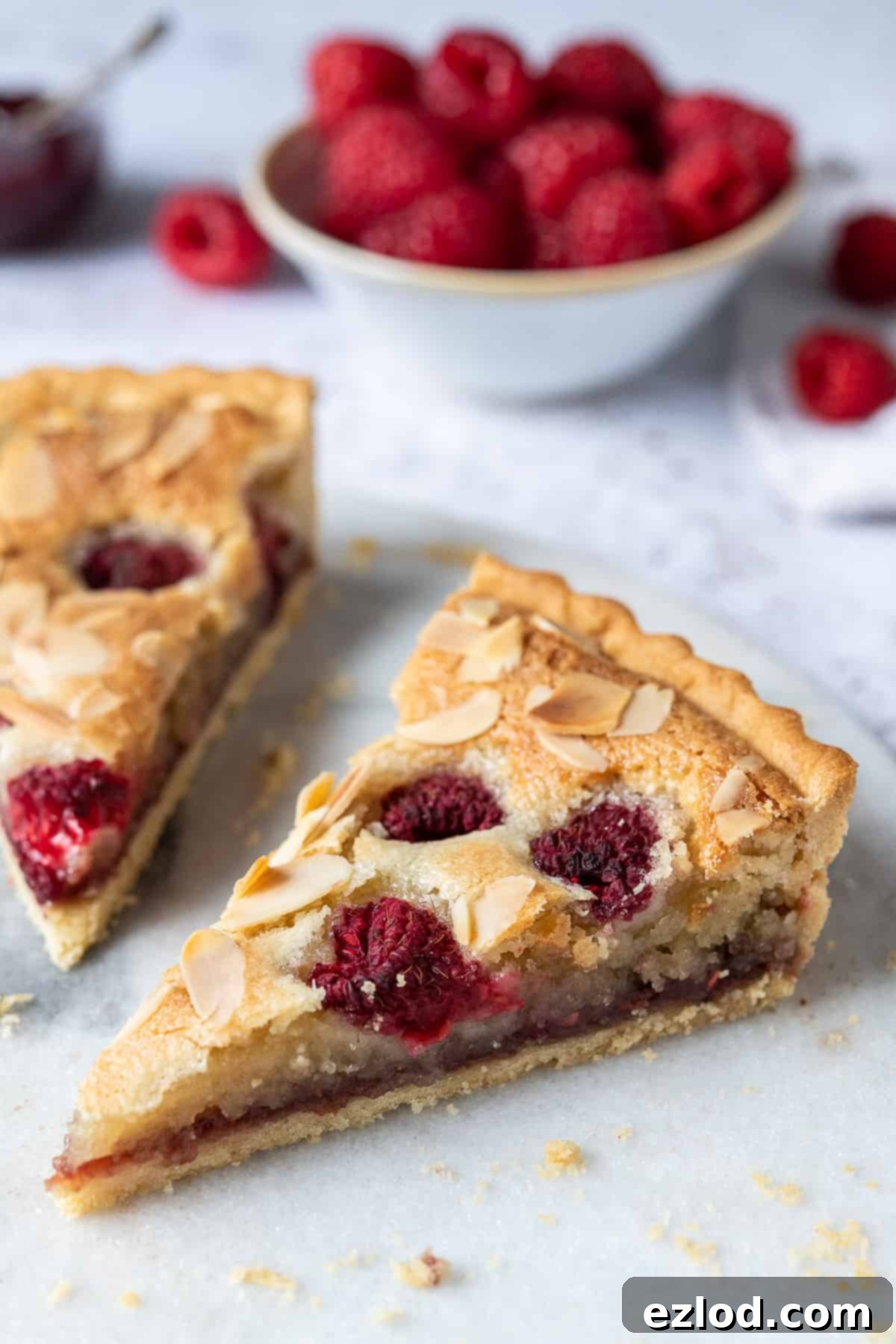 Close up of a slice of vegan Bakewell tart