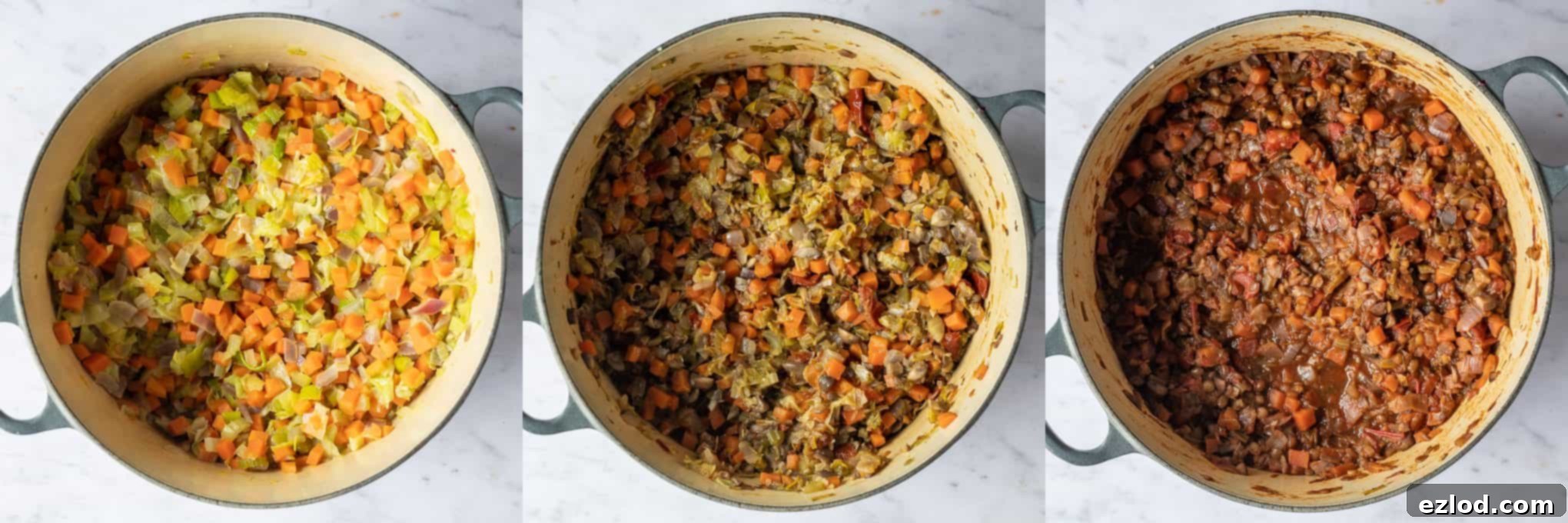 Step-by-step image showing the process of making the vegan cottage pie filling, with vegetables, mushrooms, and lentils simmering in a rich sauce in a large pan.