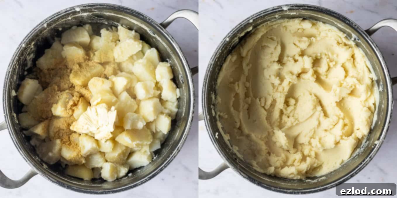 Step-by-step image demonstrating the creation of the mashed potato topping for vegan cottage pie, showing a bowl of mashed potatoes with vegan butter, nutritional yeast, and oat milk.