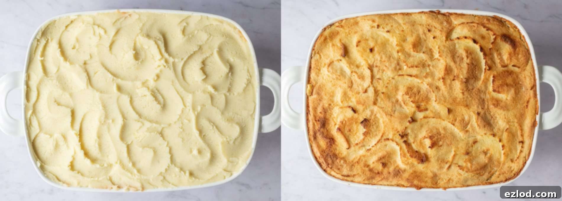 Step-by-step image showing the vegan cottage pie assembled in a baking dish before being placed in the oven, with the mashed potato topping artfully textured.