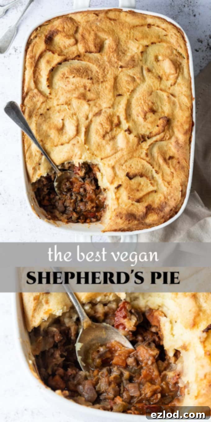 Pinterest image for Vegan Cottage Pie - a hearty and healthy plant-based comfort food classic with mushroom and lentil filling and fluffy mashed potato topping.