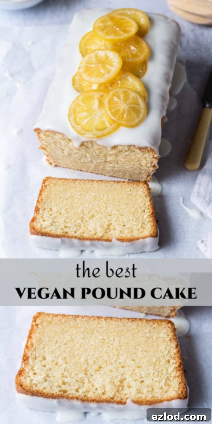 A Pinterest-optimized image featuring a sliced vegan lemon pound cake, highlighting its moist texture, with a sprinkle of candied lemon slices and fresh lemons.