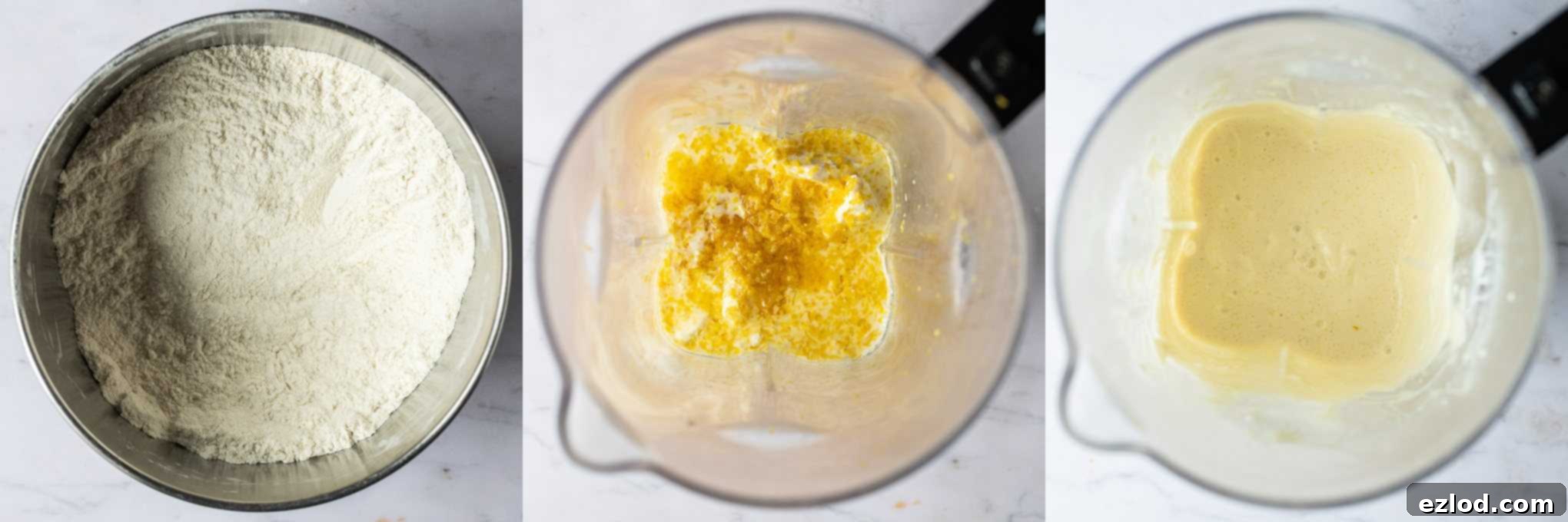 Step 1: Two bowls shown. One contains dry ingredients (flour, baking soda, salt) sifted together. The other contains blended wet ingredients (silken tofu, non-dairy milk, lemon juice, oil, lemon zest, vanilla extract).