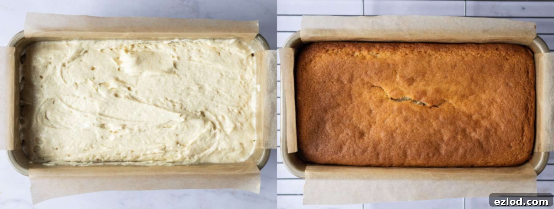 Step 3: A baked vegan lemon pound cake in a loaf tin, fresh out of the oven, showing its golden-brown top.