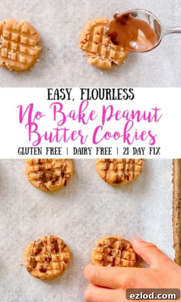 Easy Vegan Gluten Free No Bake Peanut Butter Cookies 2 Two photo collage with pink and black text overlay- Easy, Flourless | No Bake Peanut Butter Cookies | Gluten Free | Dairy Free | 21 Day Fix