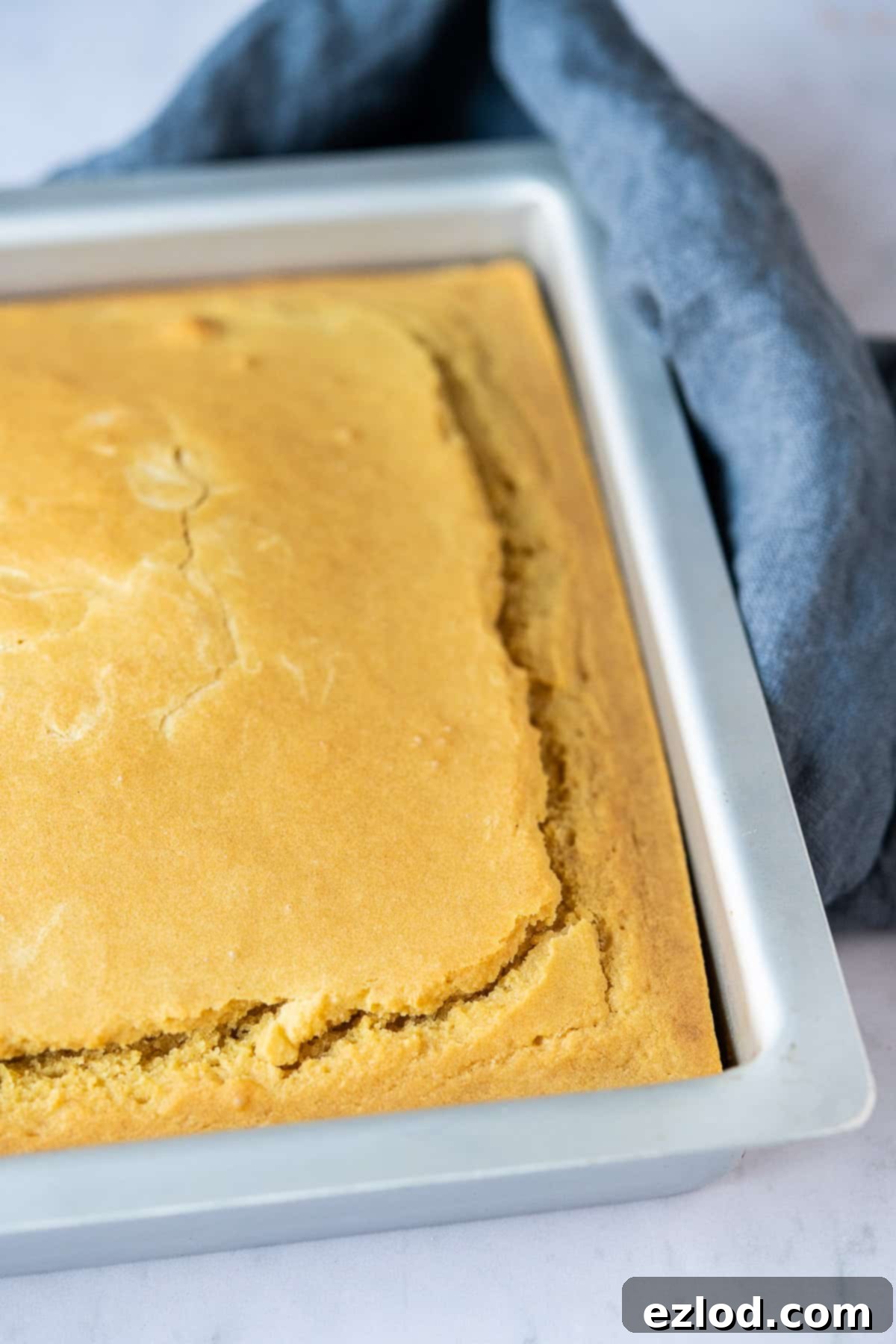 Golden-brown vegan cornbread resting in a square metal cake tin, ready to be sliced and served.