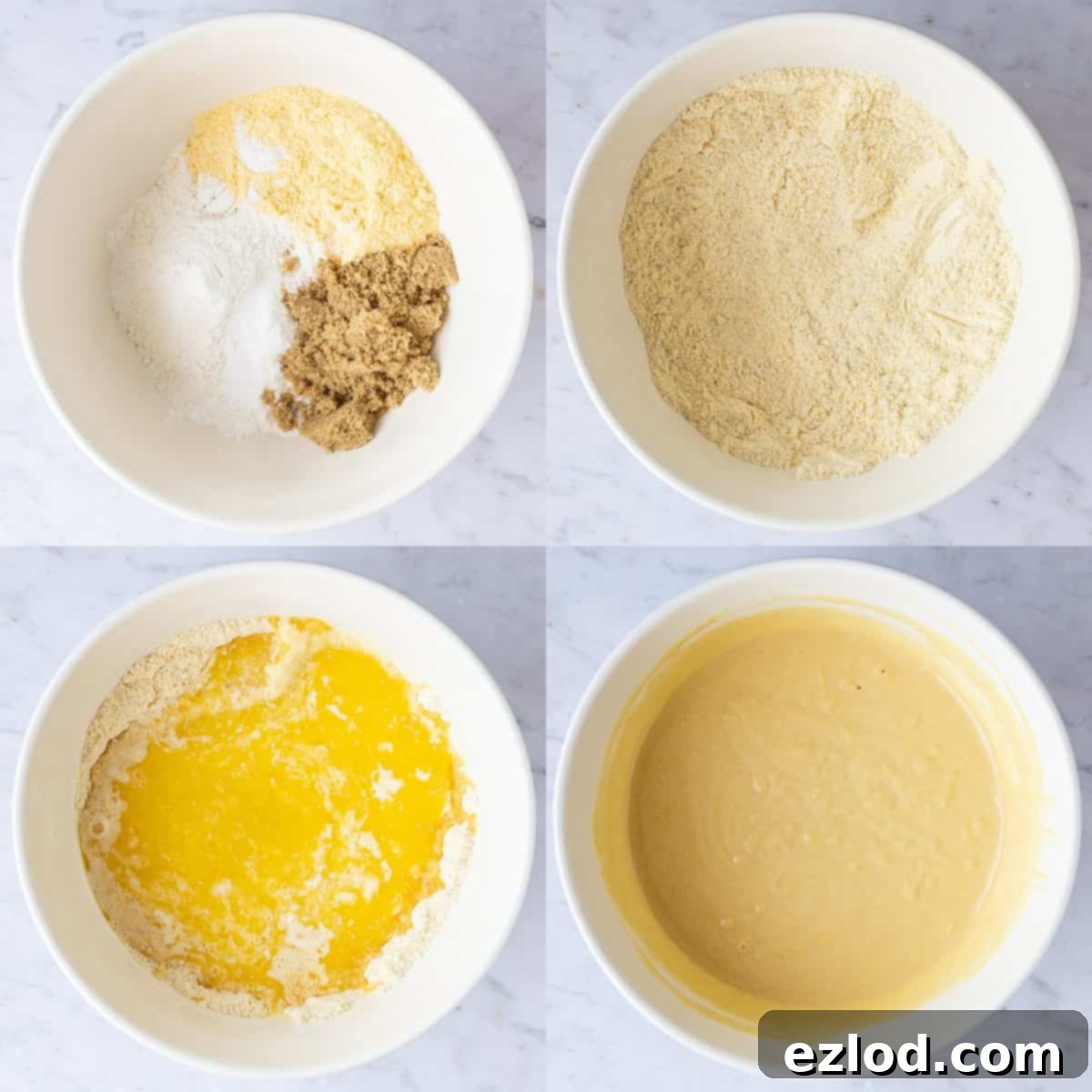 A close-up view of the vegan cornbread batter being whisked in a large bowl, showing its creamy texture.