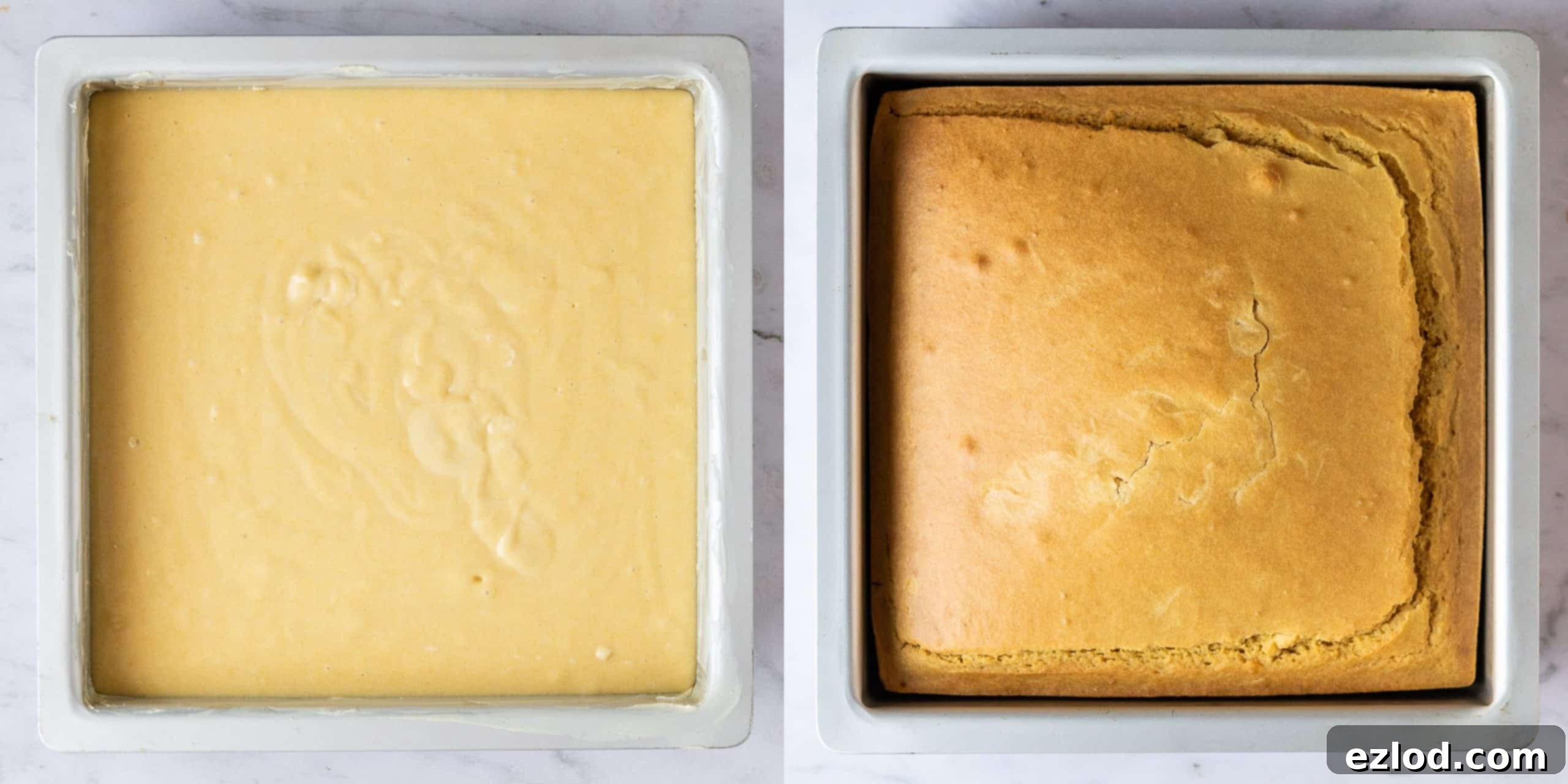 The square metal cake tin with the vegan cornbread batter inside, placed in the oven for baking.