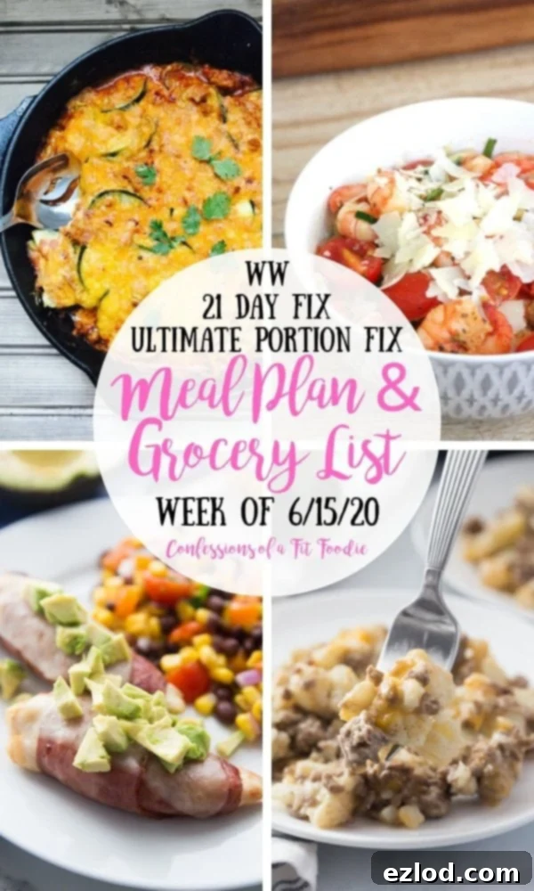 Food photo collage showcasing a diverse range of healthy meals including gluten-free chocolate chip zucchini muffins, cauliflower cheeseburger mac, bacon-wrapped chicken tenders, zucchini enchilada skillet, chicken and broccoli, and shrimp with zoodles. A white circle in the middle contains the text: 'WW | 21 Day Fix | Ultimate Portion Fix | Meal Plan & Grocery List | Week of 6/15/20 | Confessions of a Fit Foodie'