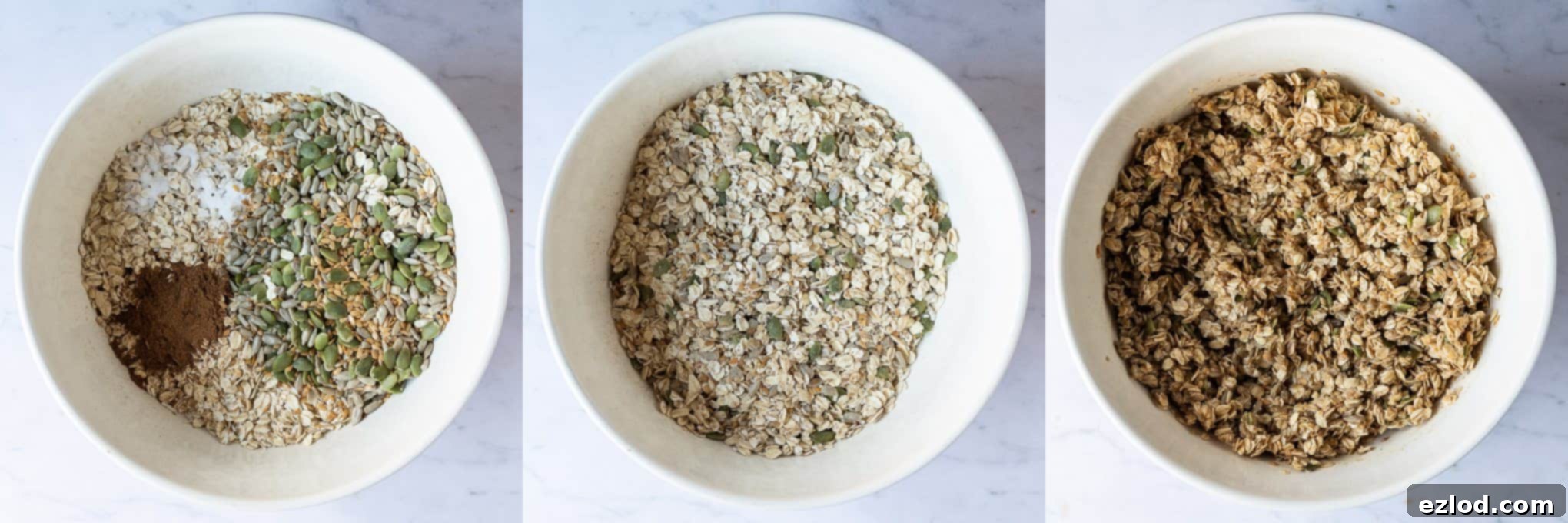 Step-by-step image showing mixing dry ingredients for vegan granola in a bowl.