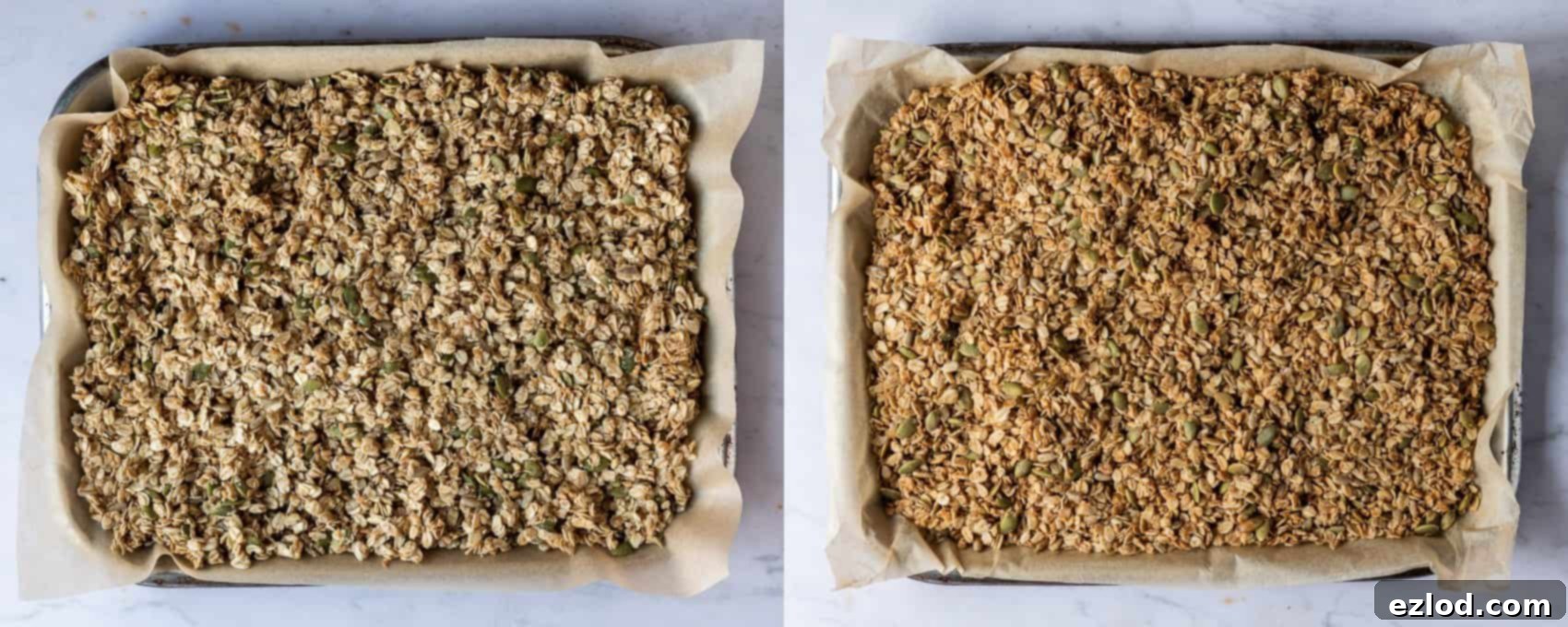 Step-by-step image showing vegan granola baking on a tray in the oven.