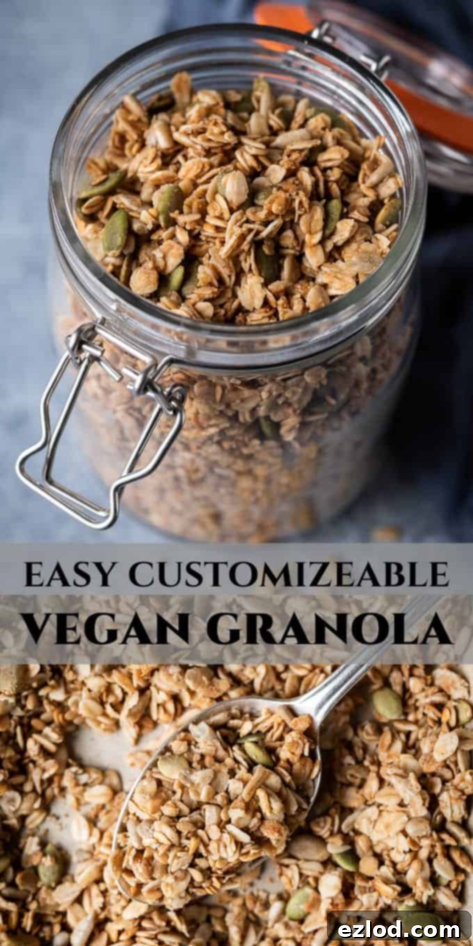 Pin image for Pinterest: Homemade Vegan Granola - easy customizable recipe.