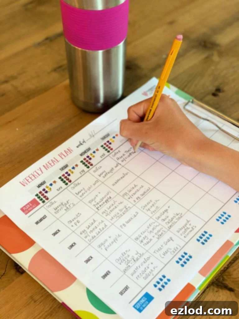 A hand holding a pencil and writing in a 21 Day Fix meal planner tracking sheet on a colorful clip board on a wooden table. There is a metal water bottle with a pink grip at the top of the photo.