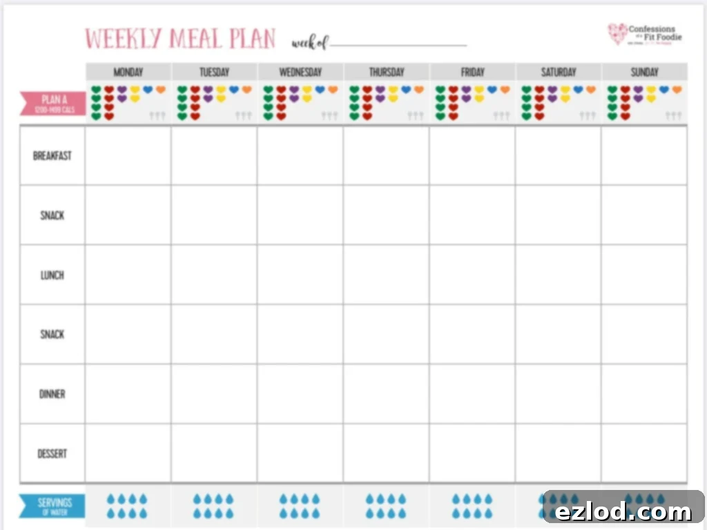 Screen shot of a 21 Day Fix Meal Planner PDF to track meals and water intake found on Confessions of a Fit Foodie blog. To track, there are color coded hearts at the top and blue water drops at the bottom with blank grids for writing meals.