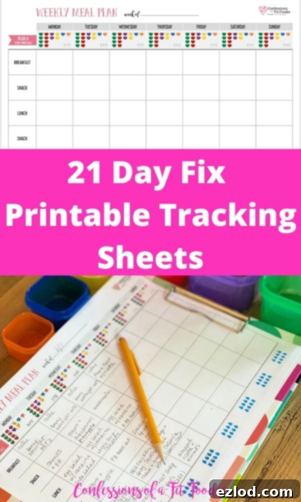 Two photo collage with pink and white text overlay in the middle. Top photo- Screen shot of a 21 Day Fix Meal Planner PDF to track meals and water intake; Middle- text overlay, 21 Day Fix Printable Tracking Sheets; Bottom photo - Tracking sheet in use and partially filled in with a pencil laying on top.
