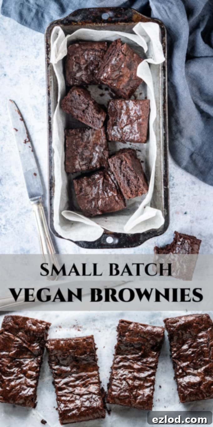 Pinterest image for small batch vegan brownies, showcasing their rich, fudgy texture and perfect squares.