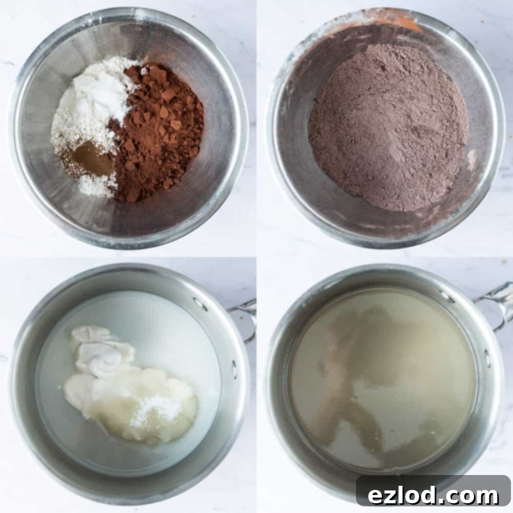 Step-by-step images showcasing the brownie preparation: sifting dry ingredients into a bowl and gently heating wet ingredients in a saucepan for the small batch vegan brownies.