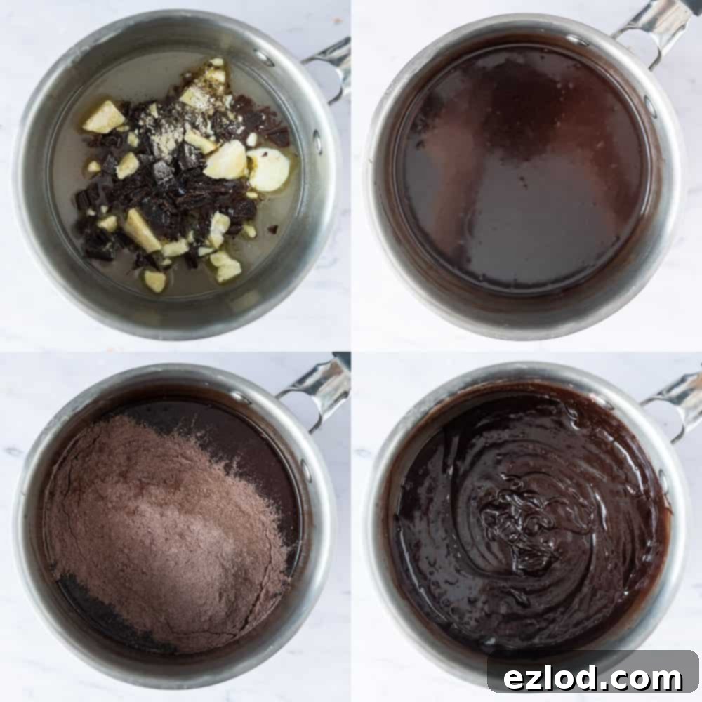 Detailed step-by-step photos illustrating the small batch vegan brownie recipe: adding chopped chocolate and cocoa butter to the wet ingredients, then combining with the dry ingredients to form a thick batter.