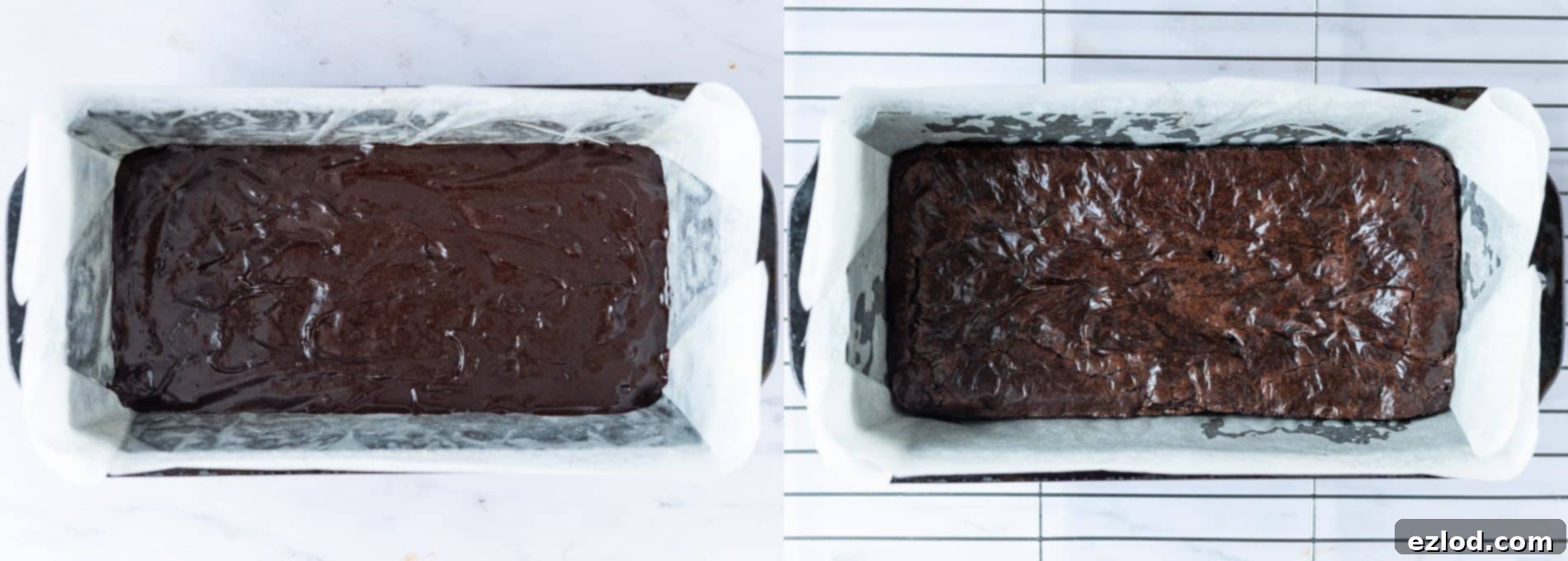 Step-by-step image of small batch vegan brownies baking in a loaf tin inside an oven, perfectly illustrating the baking process.