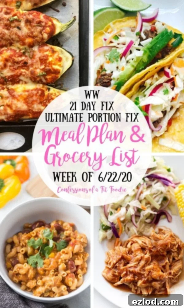 Food photo collage with a white circle in the center with a pink and black text overlay- WW | 21 Day Fix | Ultimate Portion Fix | Meal Plan & Grocery List | Week of 6/22/20 | Confessions of a Fit Foodie