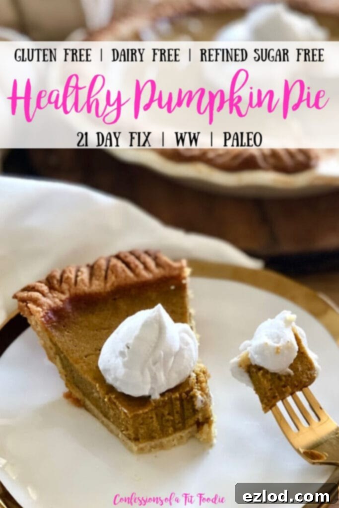 A perfectly portioned slice of Healthy Pumpkin Pie, generously topped with coconut cream, is showcased on a white plate with a gold rim. A gold fork holds a piece of pie, and the remainder of the pie sits in the background. The image has a text overlay: 'Gluten Free | Dairy Free | Refined Sugar Free | Healthy Pumpkin Pie | 21 Day Fix | WW | Paleo | Confessions of a Fit Foodie'.