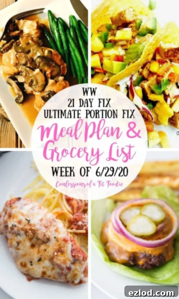 Food photo collage with white circle with pink and black text overlay- WW | 21 Day Fix | Ultimate Portion Fix | Meal Plan & Grocery List | Week of 6/29/20 | Confessions of a Fit Foodie