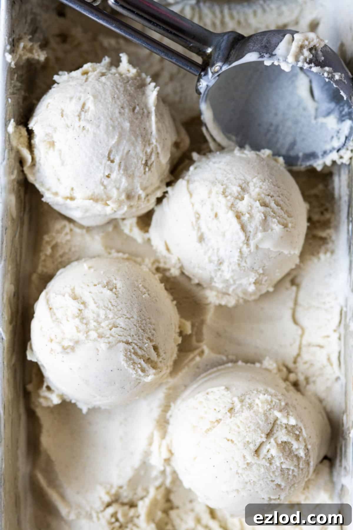Close up of scoops of vegan vanilla ice cream with a metal ice cream scoop.