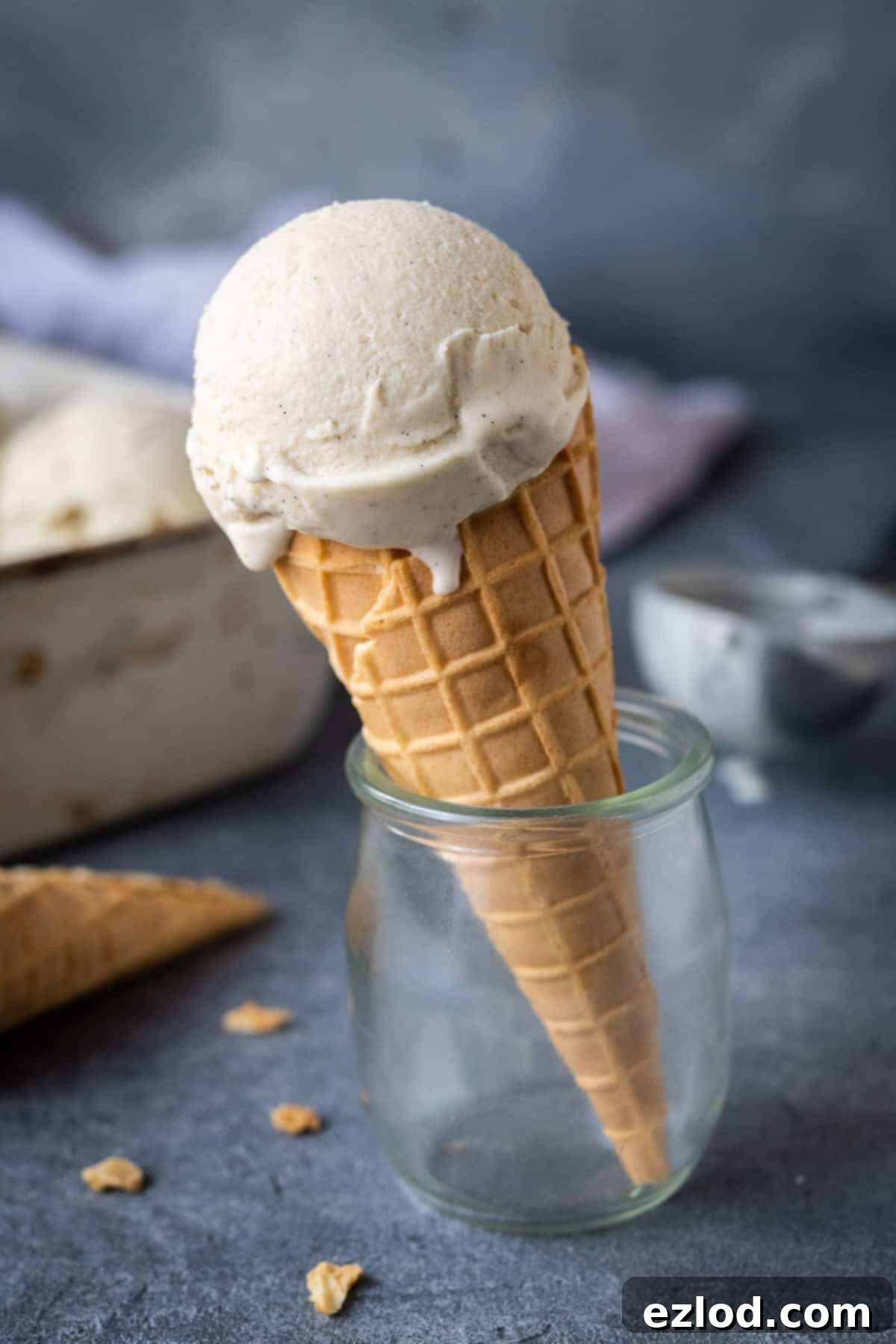 A cone of vegan vanilla ice cream in a glass jar with a tin of ice cream in the background.