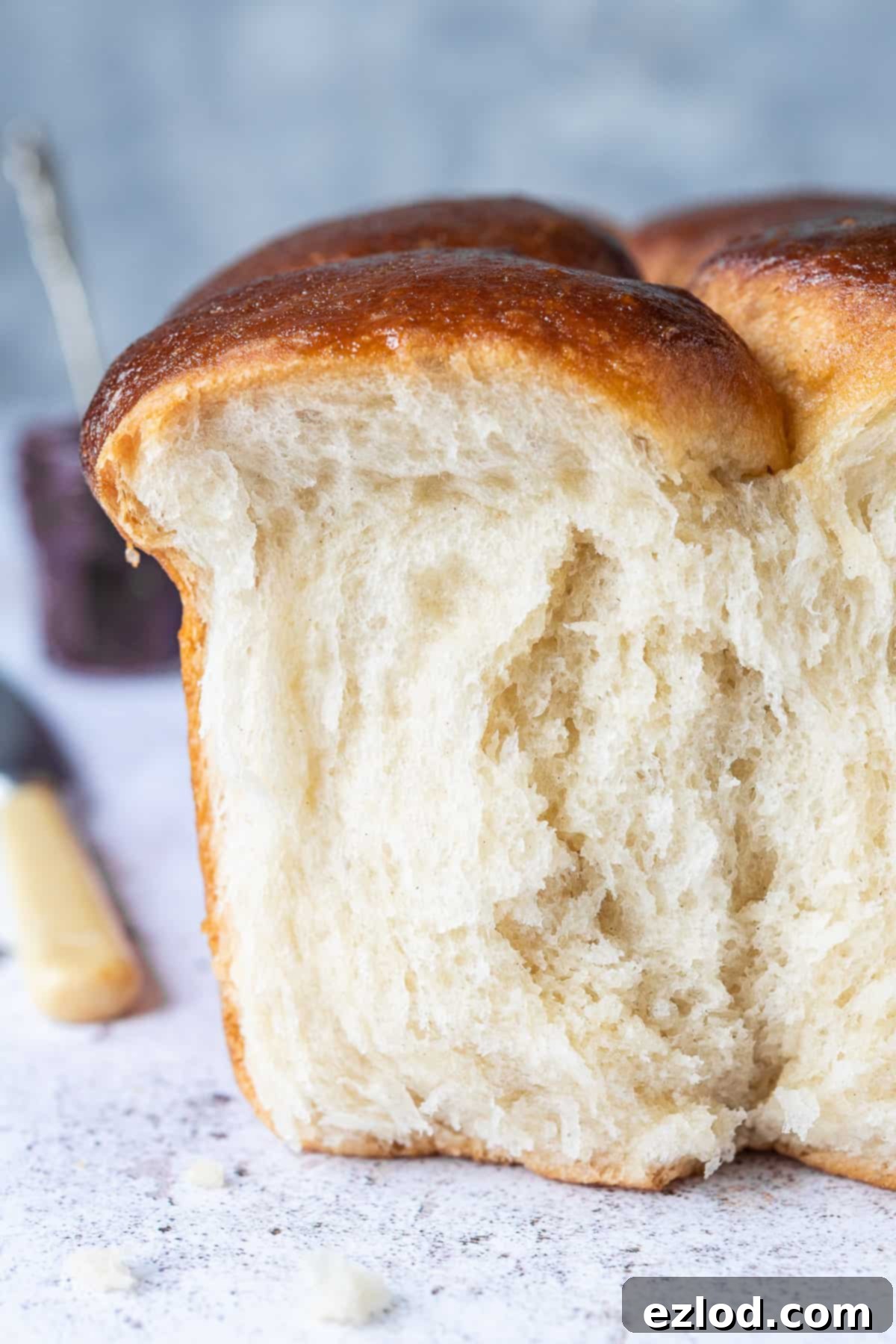Close up of the crumb of a loaf of brioche that has had a piece torn off.