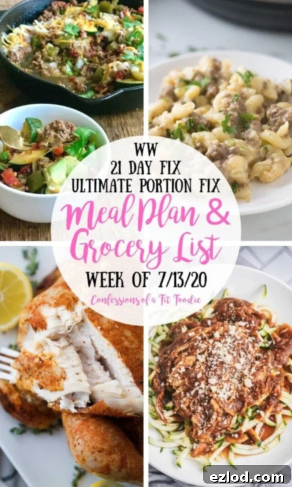 Food photo collage with a white circle in the middle. There is a black and pink text overlay on the circle - WW | 21 Day Fix | Ultimate Portion Fix | Meal Plan & Grocery List | Week of 7/13/20 | Confessions of a Fit Foodie