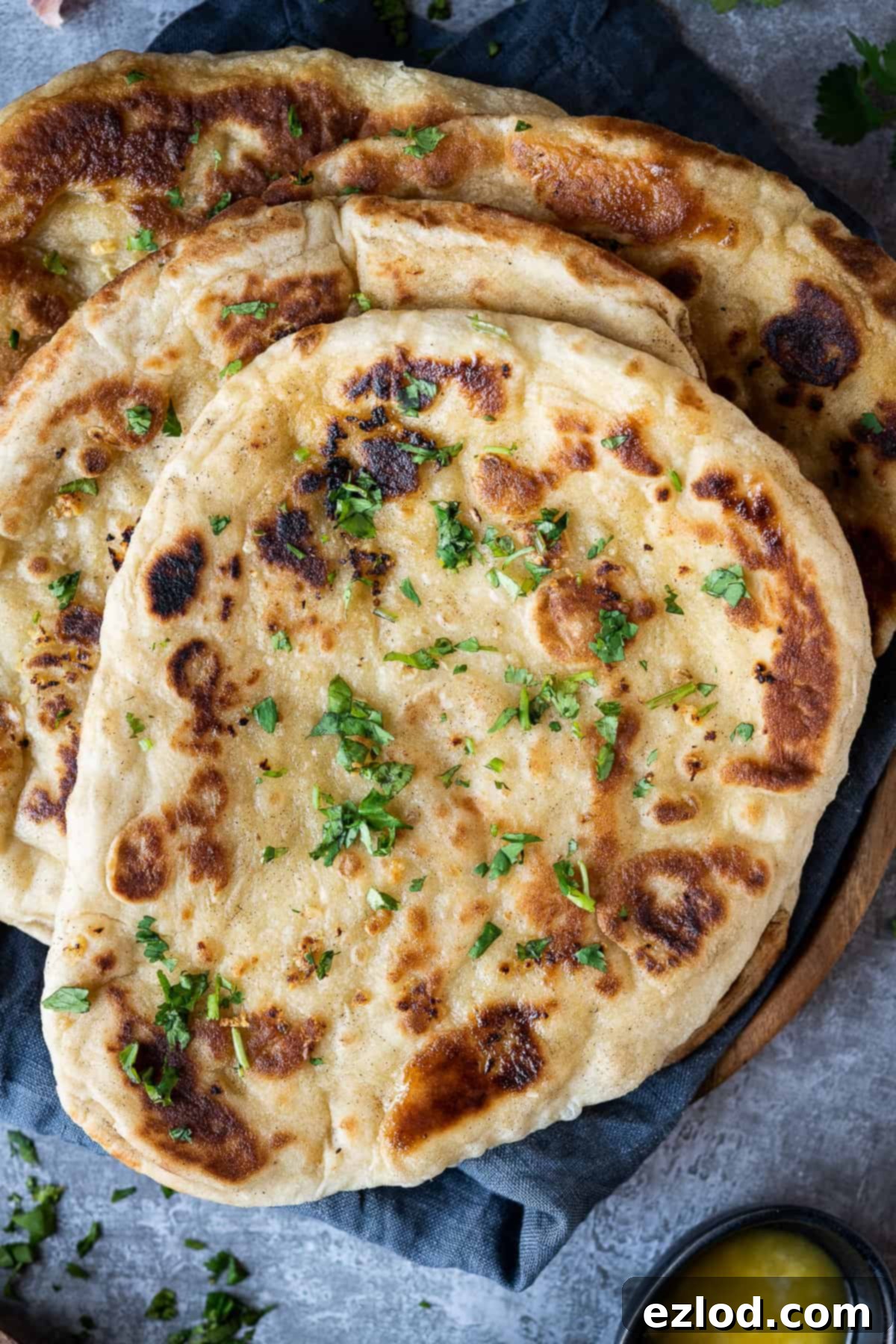 Vegan naan bread on a grey cloth.