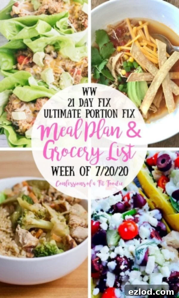 Food photo collage with black and pink text overlay on a white circle- WW | 21 Day Fix | Ultimate Portion Fix | Meal Plan & Grocery List | Week of 7/20/20 | Confessions of a Fit Foodie