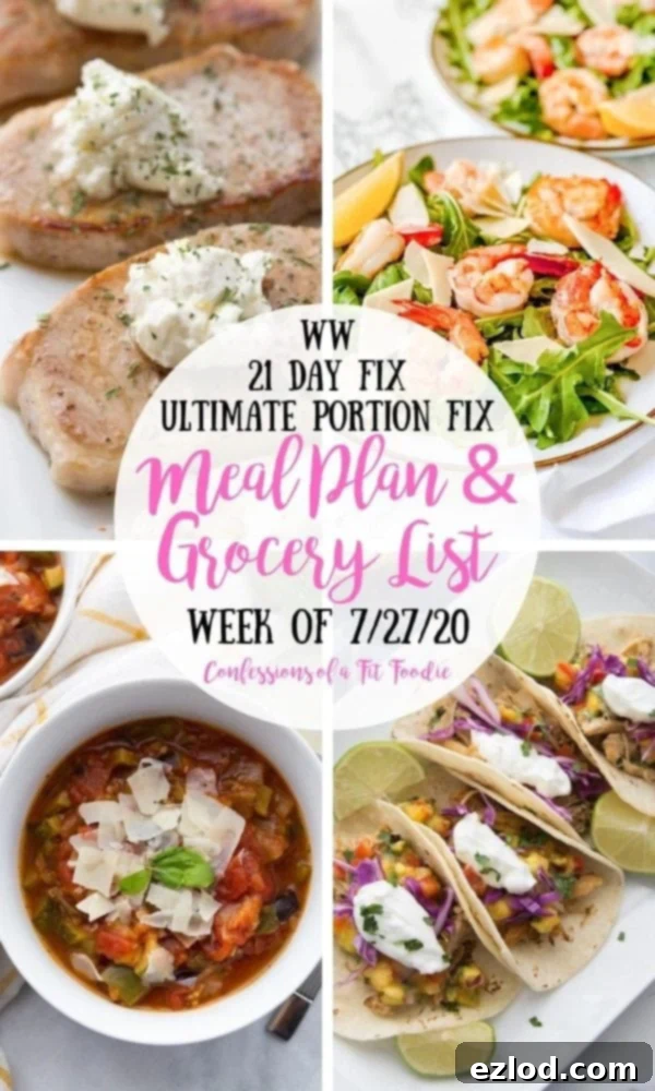 Food photo collage with black and white text overlay on white circle - WW | 21 Day Fix | Ultimate Portion Fix | Meal Plan & Grocery List| Week of 7/27/20 | Confessions of a Fit Foodie