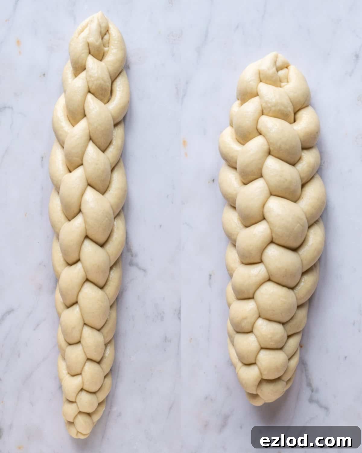 Step-by-step image of a finished vegan challah braid, showing how to gently shape and compact it for a more ideal, fuller loaf appearance before the final rise.