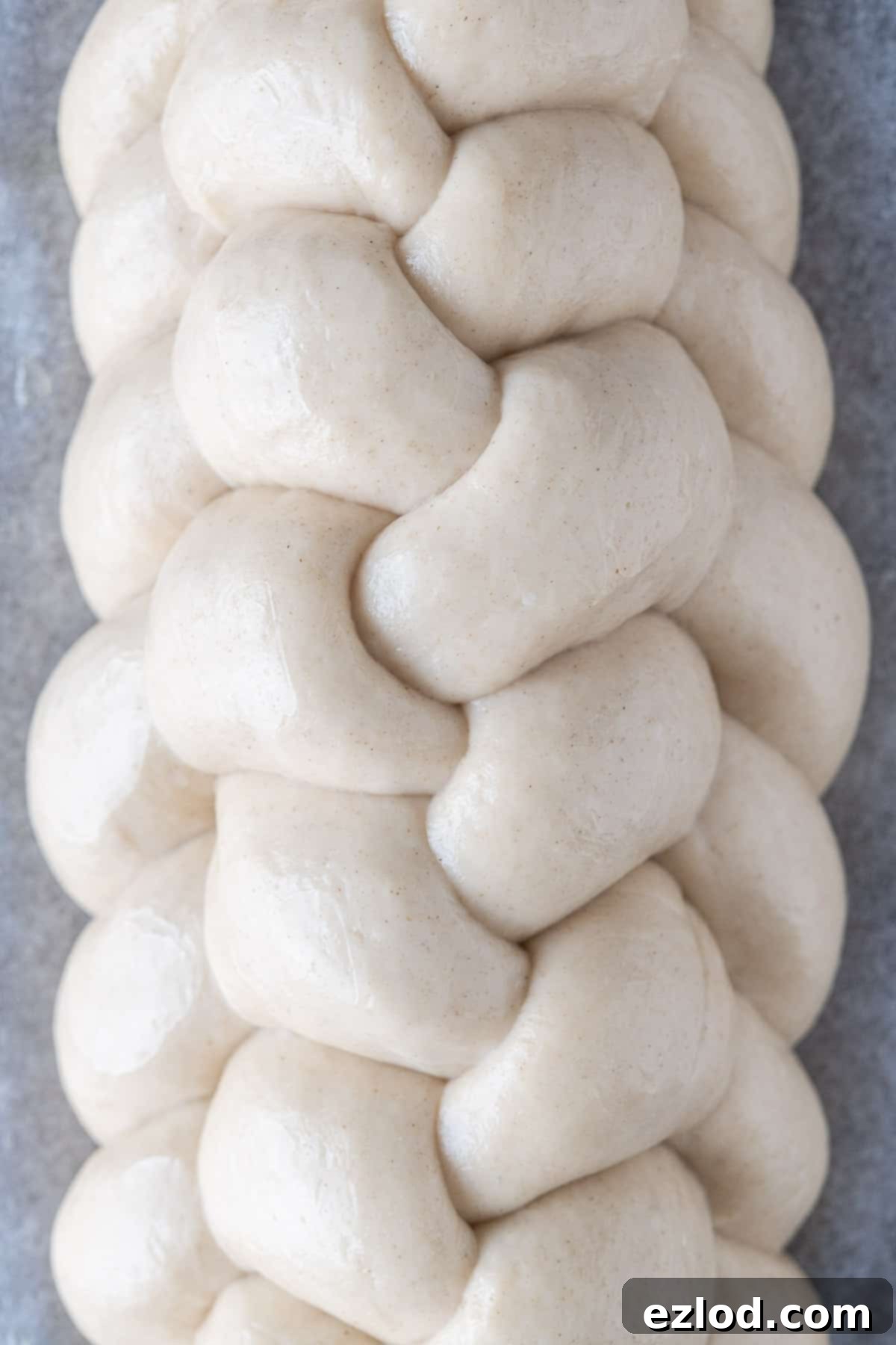 Close-up image of an unbaked vegan challah braid, perfectly shaped and proofed, ready to be glazed and baked, showing its potential for a golden crust.