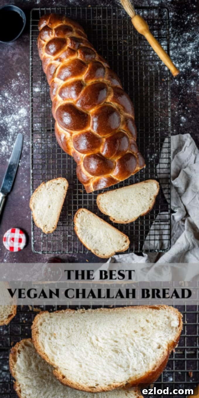 Pinterest optimized image for vegan challah bread, featuring a beautifully braided loaf with a golden crust and a slice showing the soft interior.