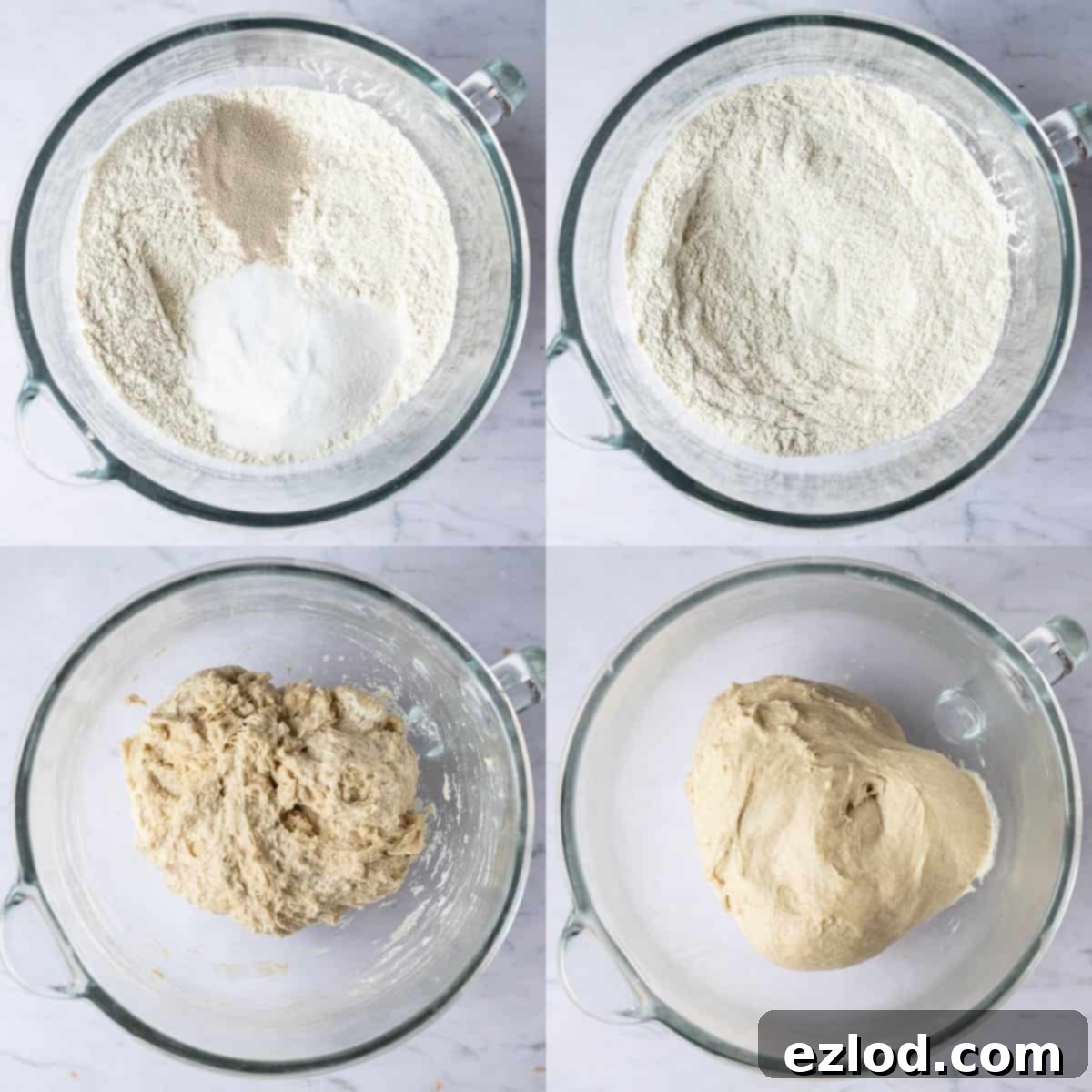 Step-by-step image showing the initial stage of making vegan challah dough in a large mixing bowl with flour, yeast, sugar, salt, oil, and water, before kneading.