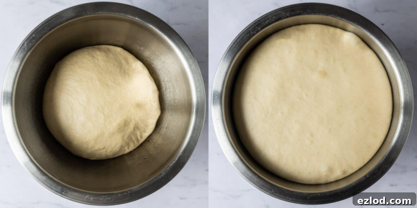 Step-by-step image showing a large bowl of vegan challah dough covered and undergoing its first rise in a warm environment, visibly increasing in volume.