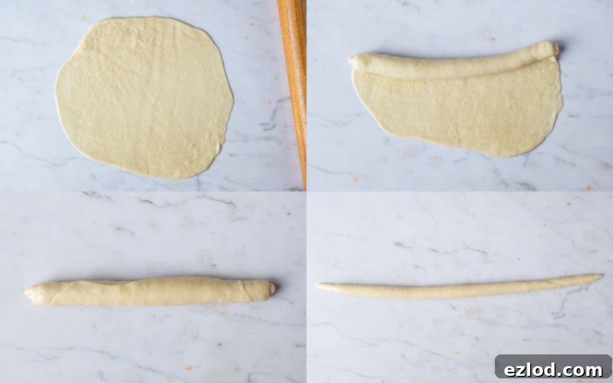 Step-by-step image illustrating the process of forming a long, tapered strand from a rolled-up piece of vegan challah dough, essential for braiding.
