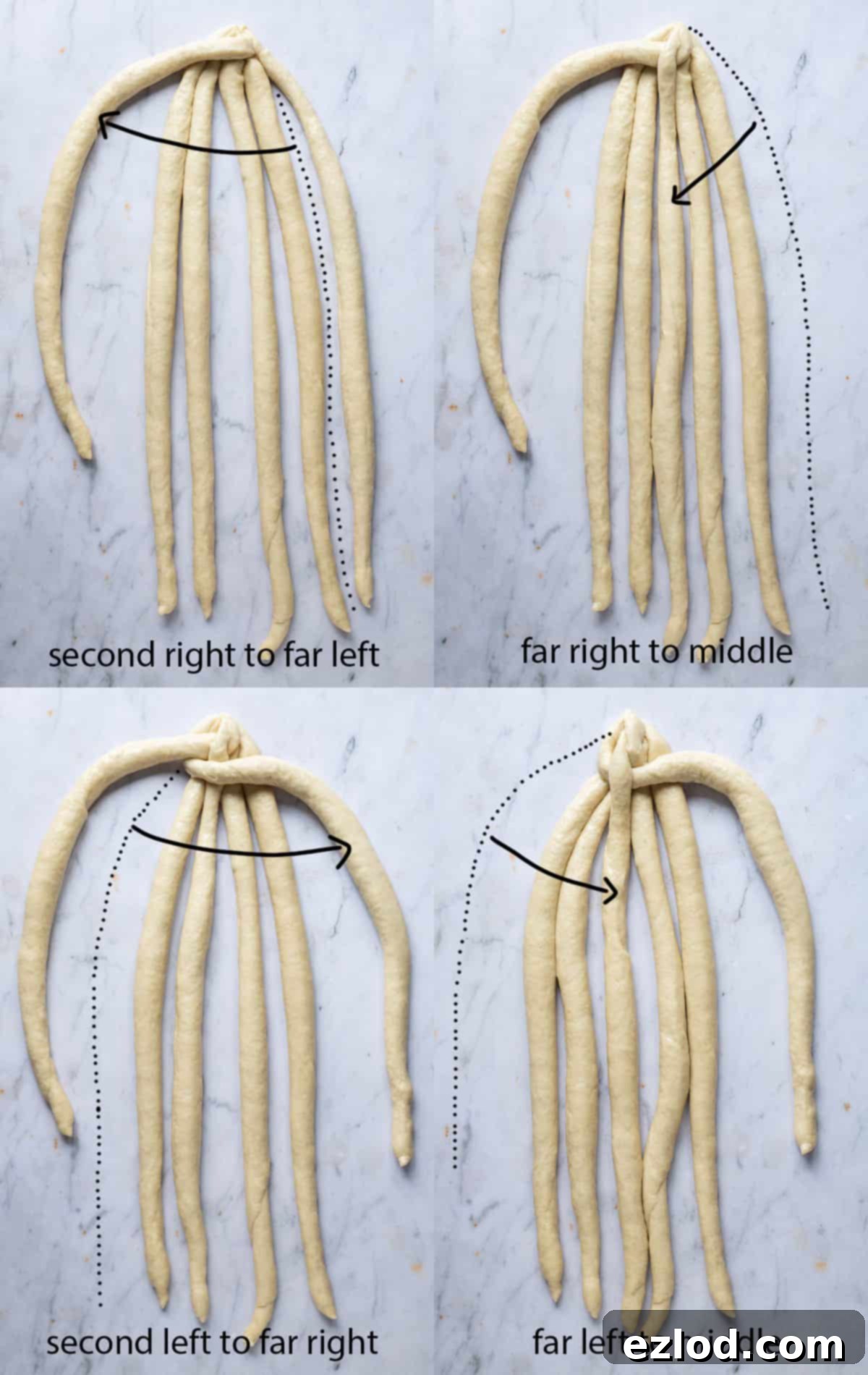 Step-by-step image demonstrating the initial stages of braiding a six-strand vegan challah, showing the precise movement of dough strands.
