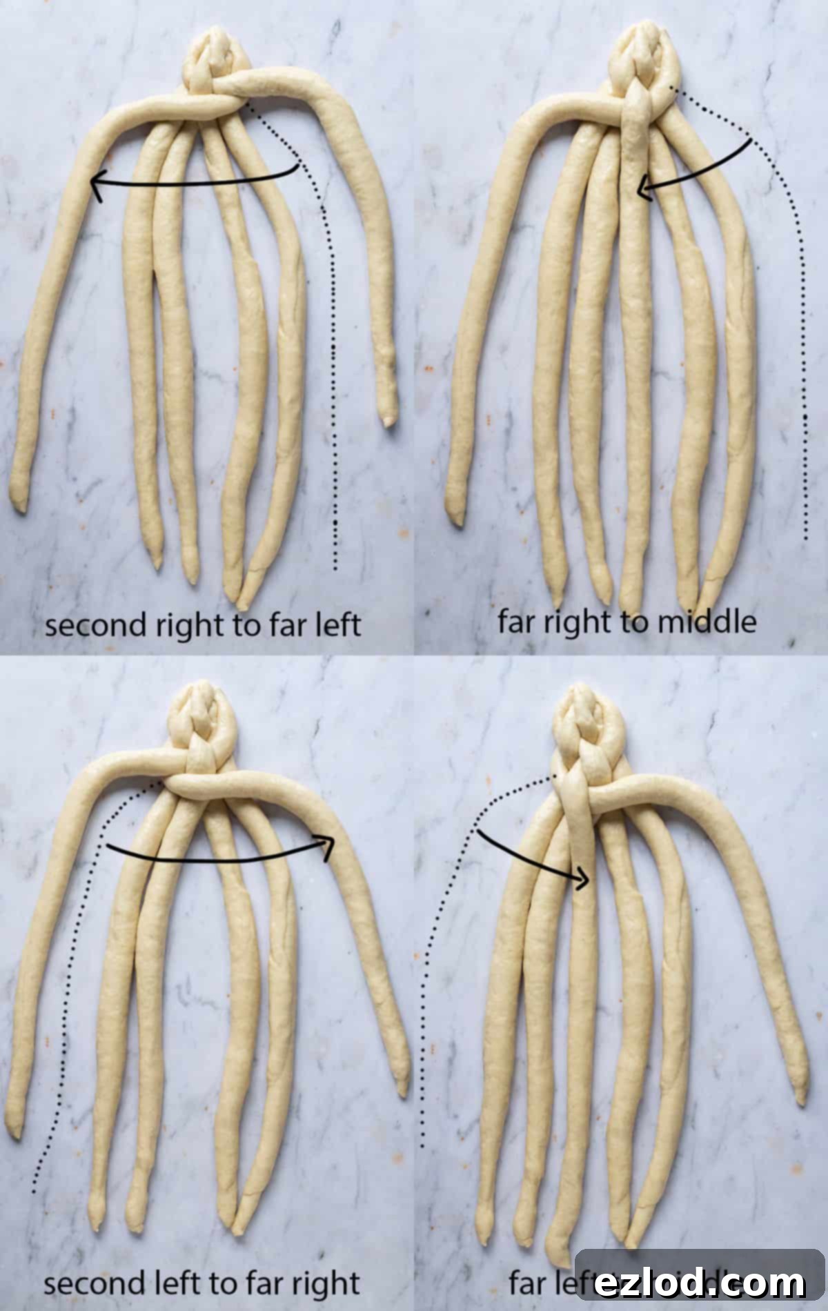 Close-up photograph showing the ongoing process of braiding vegan challah, highlighting the intricate pattern of the six-strand weave.