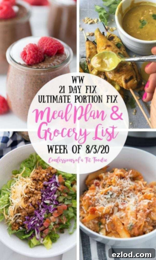 Food photo collage with black and pink text overlay- WW | 21 Day Fix | Ultmate Portion Fix | Meal Plan & Grocery List | Week of 8/3/20 | Confessions of a Fit Foodie