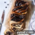 A loaf of vegan chocolate babka on a sheet of brown baking parchment on a grey background with a bowl of chocolate chips, a knife and a pastry brush.