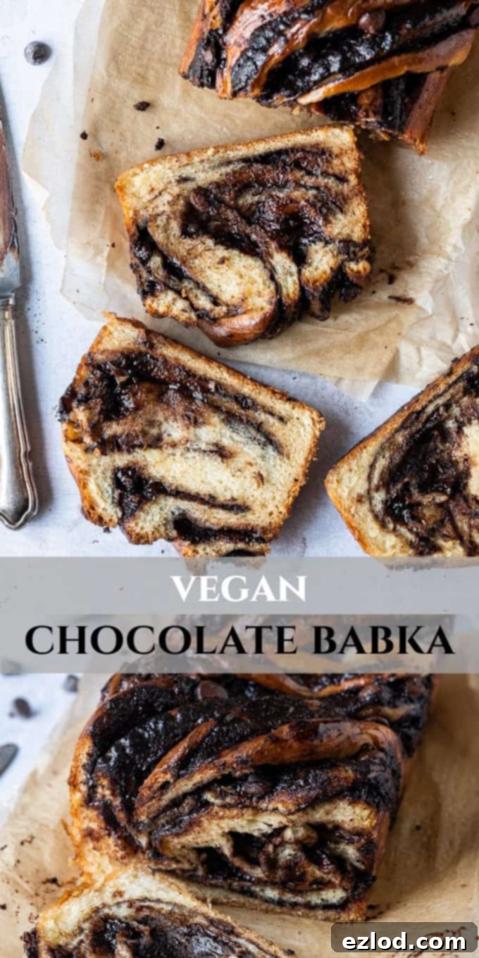 A vibrant Pinterest-optimized image of vegan chocolate babka, ideal for sharing, showcasing its beautiful chocolate swirls and inviting texture.